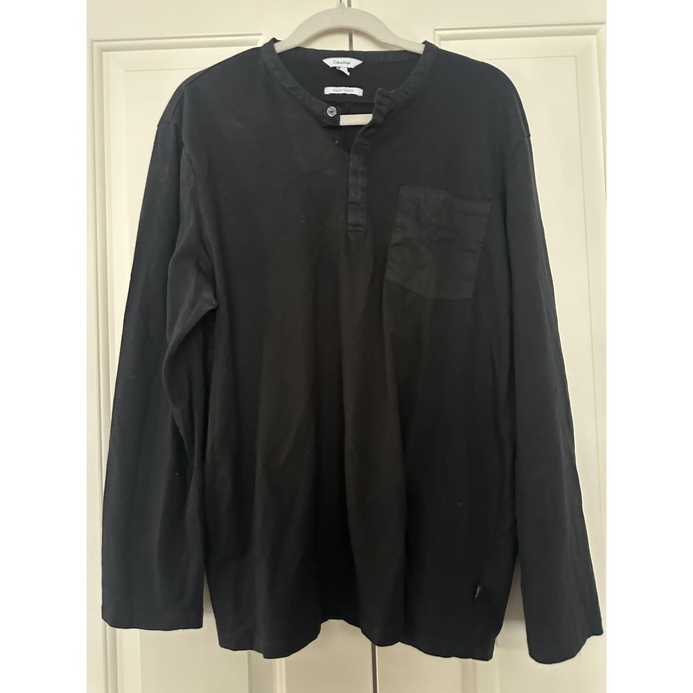 Calvin Klein Shirt Mens XL‎ Black Liquid Touch Long Sleeve Pocket Casual Henley